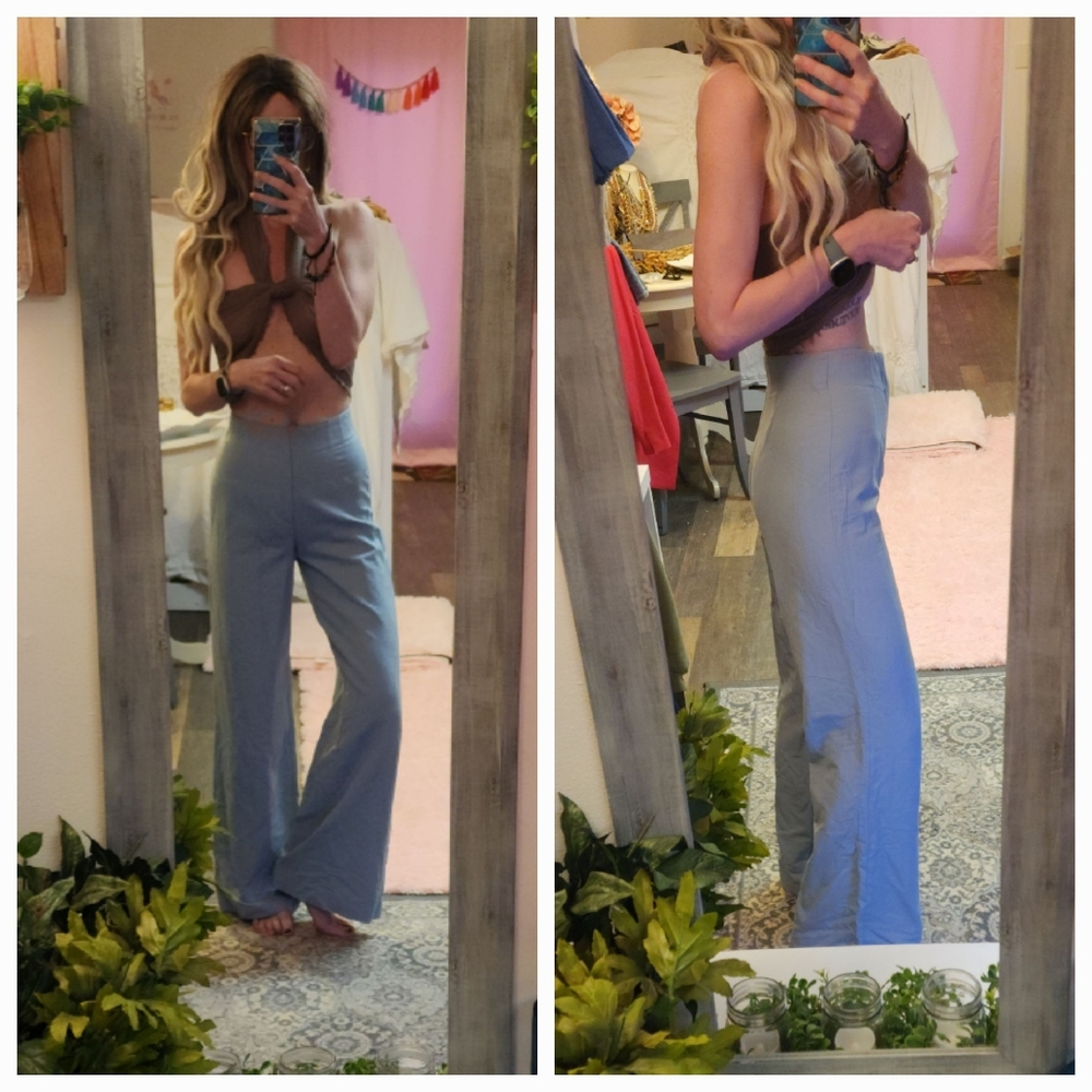 Zara Linen Blend High Waisted Wide Leg Flare Trouser